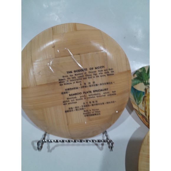 Vintage Chinoiserie Bamboo Woven Asian  Women Art Plates Set Of 4  6" - Picture 5 of 10